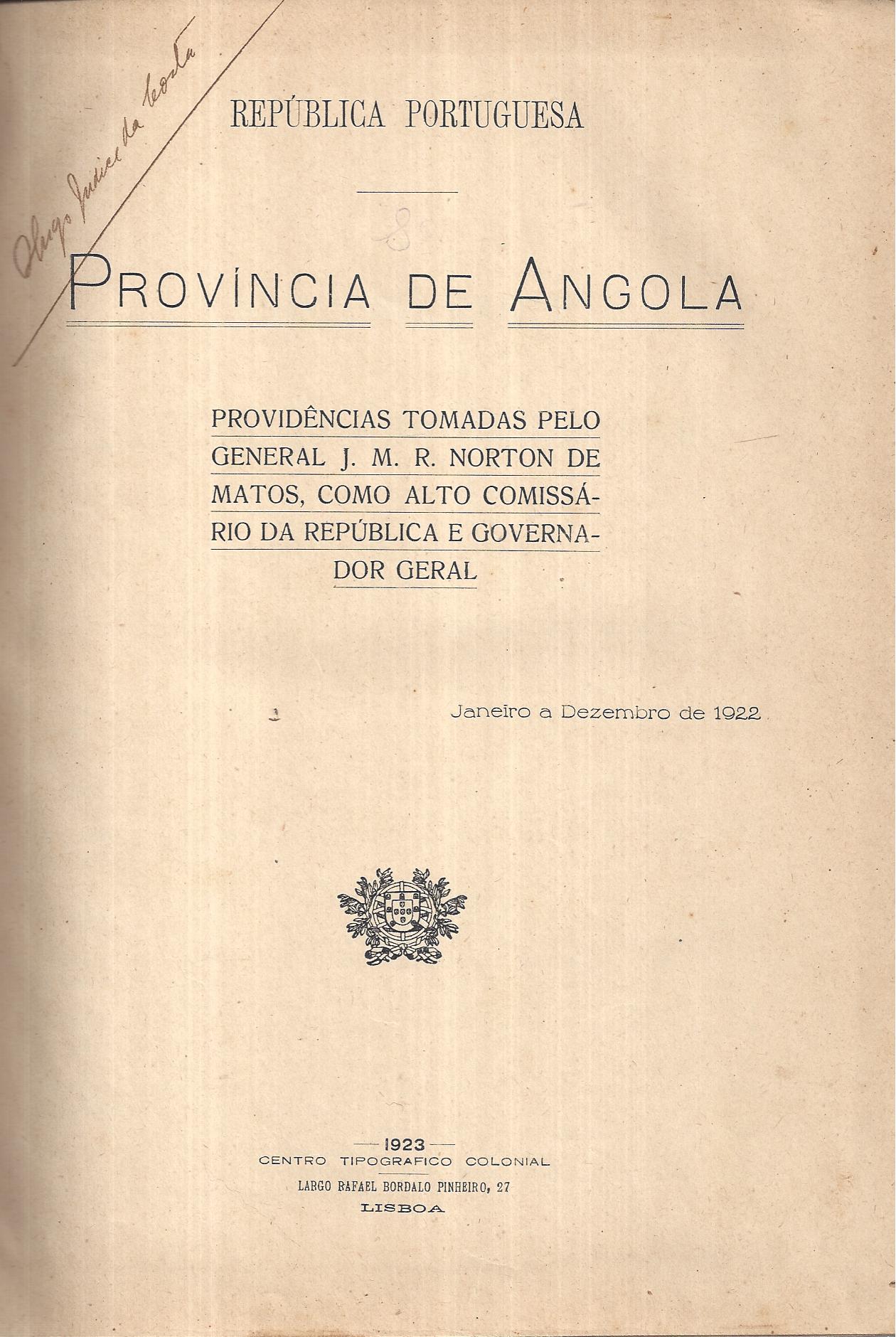 PROVÍNCIA DE ANGOLA - DECRETOS DO ALTO COMISSARIADO ANO DE 1922